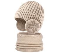 Heveer Berretto Invernale per Bambini Set di Sciarpe a Maglia Cappello 4-10 Anni con Paraorecchie Foderato per l'Esterno Beige