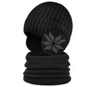 Heveer Berretto Invernale per Bambini Set di Sciarpe a Maglia Cappello 4-10 Anni con Paraorecchie Foderato per l'Esterno Nero