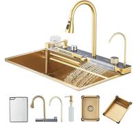 Hevenaov All-Purpose Kitchen Sink Stainless Steel Sink Brushed Gold Kitchen Sink with Pull-Out Faucet and Accessories For Washing Vegetables and Tableware (75x45 cm)