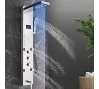 Hevenaov Five-function shower panel with LED-illuminated column, featuring rain shower, waterfall, dual massage jets, bathtub faucet, and handheld showerhead, brushed silver finish