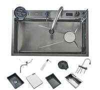 Hevenaov Set lavello da cucina in acciaio inossidabile nero 750x460 mm, rubinetto con display digitale della temperatura e 2 pulsanti, dispenser per sapone nero opaco, lavacoppe, portacoltelli sottop