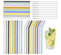 Hevysuo 37 cannucce in vetro colorate riutilizzabili, 9 cannucce dritte e 9 curve in vetro da 20 cm, 9 cannucce corte in vetro multicolore da 16 cm con 10 spazzole per la pulizia, per cocktail, succhi