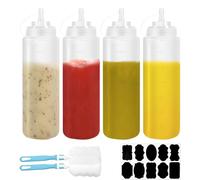 Hevysuo 4 Pezzi Bottiglia Squeeze di Plastica 680 ML/24oz,Trasparente Biberon da Cucina con 2pcs spazzola di pulizia e 10pcs adesivi,Squeeze Bottle per Ketchup,Salse,Olio d'oliva