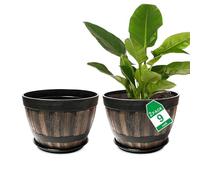 hewewor Set di 2 vasi per piante in plastica, 23 cm, con foro di drenaggio e piattino. Vasi da fiori vintage in resina, design a botte di legno, per interni ed esterni, per piante da giardino e casa