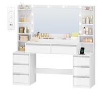 HEXCELEN 135cm Toeletta Trucco con Specchio, Toeletta con LED e Prese, Grande Tavolo da Trucco con Supporto Per Asciugacapelli, 8 Cassetti e Ripiani Aperti, Moderno, Bianco-Argento