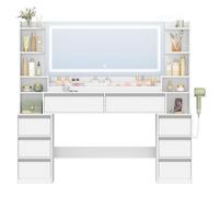 HEXCELEN 149cm Toeletta Trucco con Specchio, Toeletta con LED e Prese, Grande Tavolo da Trucco con Supporto Per Asciugacapelli, 8 Cassetti e Ripiani Aperti, Moderno, Bianco-Argento