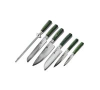 HexClad 6PC Essential Kitchen Knife Set Full Tang Japanese Damascus Stainless Steel Knife with Pakkawood Handle - Comes with All Purpose Chef's Knife, Santoku Knife, Serrated Knife, Utility Knife