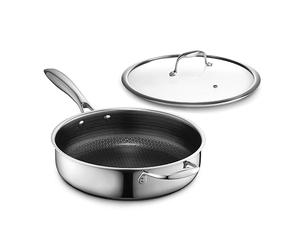 HexClad Casseruola ibrida antiaderente da 3 litri con coperchio in vetro temperato, manico per mantenere il freddo, lavabile in lavastoviglie, adatta al forno fino a 480 °C, adatta a induzione