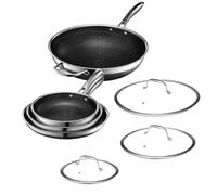 Hexclad Hybrid - Set da 7 pentole antiaderenti con coperchi e wok in metallo, cassaforte, pronto a induzione