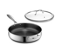 HexClad Padella ibrida antiaderente profonda da 4,5 litri con coperchio in vetro temperato, manico che mantiene il freddo, lavabile in lavastoviglie, adatta al forno fino a 480 °C, adatta a induzione