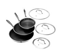 HexClad Set di 6 padelle ibride antiaderenti da 20, 25 e 30 cm, con coperchi in vetro temperato, manici resistenti al freddo, lavabili in lavastoviglie e utilizzabili in forno, adatte a induzione,