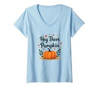 Hey There Zucca Autunno Foglie Carino Saluto Maglietta con Collo a V, Donna, Celeste, S