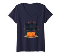 Hey There Zucca Autunno Foglie Carino Saluto Maglietta con Collo a V, Donna, Navy, S