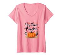 Hey There Zucca Autunno Foglie Carino Saluto Maglietta con Collo a V, Donna, Rosa, S