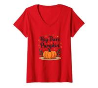 Hey There Zucca Autunno Foglie Carino Saluto Maglietta con Collo a V, Donna, Rosso, S