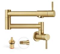 Heyalan Rubinetto per pentole da 48 cm, montaggio a parete, pieghevole, estensibile, per cucina, acciaio inox, braccio oscillante con doppio giunto, due maniglie, manico dritto, spazzolato oro