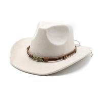 HEYANN Western Cowboy Cappelli per uomo e donna, tesa larga 8 cm, cappello in feltro, cappello da cowboy da donna Fedora Panama, M 56-59 cm, Beige bianco-A, Taglia unica