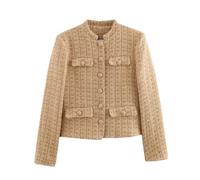 HEYDHSDC Giacca a maniche lunghe in tweed beige da donna, colletto alla coreana, con bottoni, multitasche, cappotto casual, Champagne, L