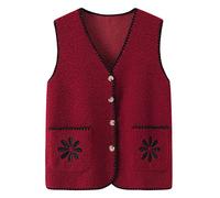 HEYDHSDC Nonna Cardigan Medio Età Anziana Madre Bottoming Maglione Gilet 60 A 80 Anni Donne Gilet, Rosso vinaccia, 4X-Large