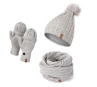HEYO Set di guanti da donna | berretto invernale foderato con pompon in pelliccia sintetica | grande sciarpa ad anello | dita a maglia / senza dita - guanti invernali per touch screen, grigio.