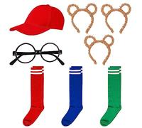 Heyu-Lotus Set di accessori per costume da scoiattolo da 8 pezzi: 3 fasce per capelli, 3 calzini alti al ginocchio, occhiali, cappello da baseball rosso, unisex, per adulti, rosso, animale, Halloween
