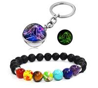 HEYU Luminous 12 Constellation Portachiavi a forma di sfera di cristallo su due lati, ciondolo a forma di sette chakra in pietra naturale, coppia di braccialetti, idea regalo per donne (2 pezzi),