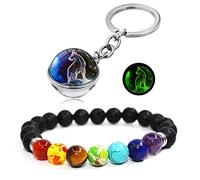 HEYU Luminous 12 Constellation Portachiavi a forma di sfera di cristallo su due lati, ciondolo a forma di sette chakra in pietra naturale, coppia di braccialetti, idea regalo per donne (2 pezzi),