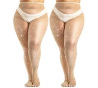 HeyUU Collant a rete da donna, 10 pezzi, ultra scintillanti, taglie forti, con strass, calze a rete da donna, calze sexy da concerto, 2 paia - naturale, XXL/4XL