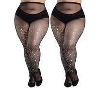 HeyUU Collant a rete da donna, 10 pezzi, ultra scintillanti, taglie forti, con strass, calze a rete da donna, calze sexy da concerto, 2 paia - nero, XXL/4XL
