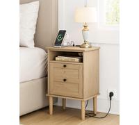 HEYZOEY Comodino in rovere chiaro con presa, stile rustico, 39 x 29 x 60 cm | Con 2 prese, 1 USB e 1 USB-C, scomparto aperto e grande spazio dietro la porta, utilizzabile anche come tavolino