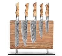 HEZHEN Coltelli Da Cucina Set Damasco con Portacoltelli Doppio Lato Magnetico, Porta Coltelli in Legno di Acacia
