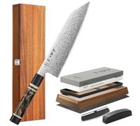 HEZHEN Coltello da Kiritsuke Damasco in Acciaio Polvere ZDP-189 Giapponese con Tagliere in Legno di Acacia