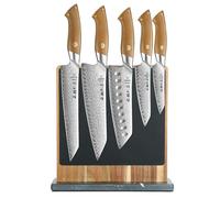 HEZHEN Set di Coltelli da Cucina Acciaio Damasco con Ceppo Portacoltelli Magnetico a Doppia Faccia, Blocco Coltelli da Cucina in Legno d'Acacia