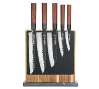 HEZHEN Set di Coltelli da Cucina con Ceppo Portacoltelli Magnetico a Doppia Faccia, Blocco Coltelli da Cucina in Legno d'Acacia