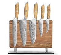 HEZHEN Set di Coltelli da Cucina Damasco 5 Pezzi, Set di Coltelli da Chef Professionali in Acciaio di Damasco con Portacoltelli Doppio Lato Magnetico, Porta Coltelli in Legno di Acacia