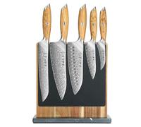 HEZHEN Set di Coltelli da Cucina Damasco con Ceppo Portacoltelli Magnetico a Doppia Faccia, Blocco Coltelli da Cucina in Legno d'Acacia