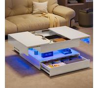 HFASD Table Basse Extensible, Table Basse Blanche Brillante Avec Rangement Et LED, 2 Tiroirs, Table Basses Salon Rectangulaire Moderne, Table D'appoint Pour Salon Bureau, 78 x 78 x 43 cm