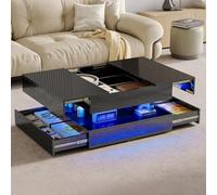HFASD Table Basse Extensible, Table Basse Noire Brillante Avec Rangement Et LED, 2 Tiroirs, Table Basses Salon Rectangulaire Moderne, Table D'appoint Pour Salon Bureau, 78 x 78 x 43 cm