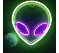 HFHungkeong 1 cartello con testa aliena, verde e viola, luce al neon aliena, USB o 3 AA, funzionamento a batteria, divertente segnale luminoso per cameretta dei bambini, camera dei giochi, decorazione