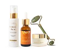HG AESTHETICS Guten-Morgen-Glow Routine - HoneyDew Detergente esfoliante per miele (125 ml), siero di vitamina C al 7% (30 ml), crema idratante HoneyGlow, SPF15 (50 ml) e rullo di giada