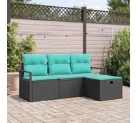 HGBNMER Set di 4 divani da giardino con cuscini neri e turchesi in polyrattan, set modulare con seduta centrale, due divani e poggiapiedi, spazio nascosto sotto le panche