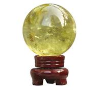 HGETJOHXEM Feng Shui Citrine Crystal Ball Magic Crystal Ball Gemstone Sphere Sculpture Figurine with Wood Stand for Wealth Luck Success Home Office Decoration,7~8cm