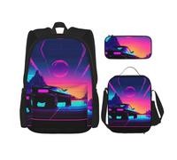 Hgfvy Retrowave - Zaino leggero con borsa termica per il pranzo e astuccio per matite, nero, Taglia unica