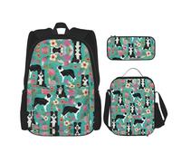 Hgfvy Zaino leggero con motivo floreale Border Collie con borsa termica per il pranzo e astuccio, nero, Taglia unica