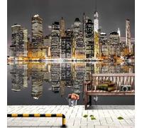 hgjdjhnf Bellissimo grattacielo della città sull'acqua, architettura notturna, effetto seta 3D, mobili per la sala da pranzo, divano, camera da letto, soggiorno, TV, sfondo, 400 cm x 280 cm