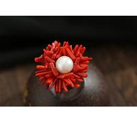 HGJH Anelli d'Argento,Argento Sterling 925 Perla d'Acqua Dolce Grande Mar Rosso Corallo Rosso Esagerazione Anello Aperto della Boemia Anello Dito Indice da Sposa Gioielli Eterni Regali per Le Signore