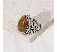 HGJH Anelli Regolabili per Donna, Moda Vintage Argento inciso Traforato cabochon Anelli Regolabili unakite Anelli Aperti Reiki Pietre preziose Gioielli per Le Donne Regalo Gioielli da Sposa Ragazza