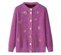HGJH Cardigan Lavorato A Maglia per Mezza età E Anziani Cardigan Classico con Ricamo Floreale da Donna Foderato in Pile Top Cappotto da Nonna Primavera Autunno Madre Indossare Maglione Caldo,Viola,M