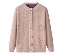 HGJH Cardigan Lavorato A Maglia per Mezza età E Anziani Cardigan Classico con Ricamo Floreale da Donna Foderato in Pile Top Cappotto da Nonna Primavera Autunno Madre Indossare Maglione Caldo,Kaki,L