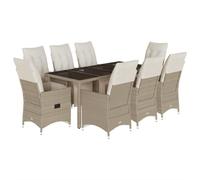 HGKMBRY Set da giardino in polyrattan, 9 pezzi, beige, con schienale e pediera regolabili, poltrona con cuscini imbottiti spessi, rivestimenti rimovibili e lavabili, piano del tavolo